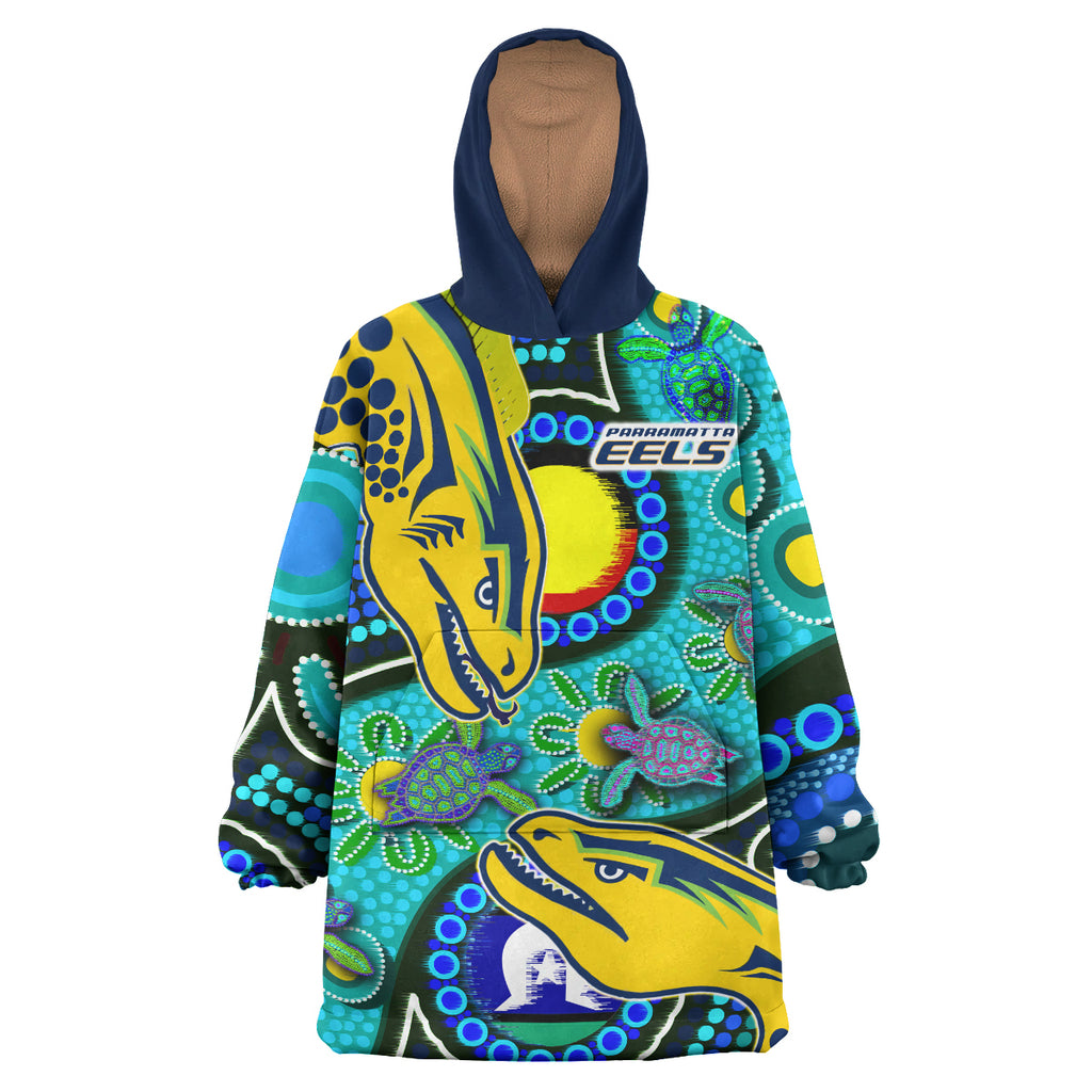 parramatta-eels-rugby-snug-hoodie-custom-indigenous-parramatta-eels-with-aboriginal-and-torres-strait-islander-flag-oodie-blanket