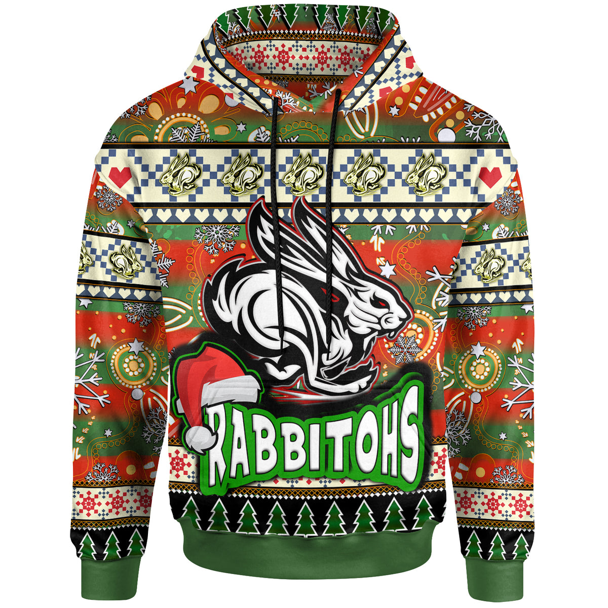 rabbitohs-rugby-christmas-hoodie-custom-xmas-rabbitohs-christmas-balls-snowflake-with-aboriginal-patterns-hoodie