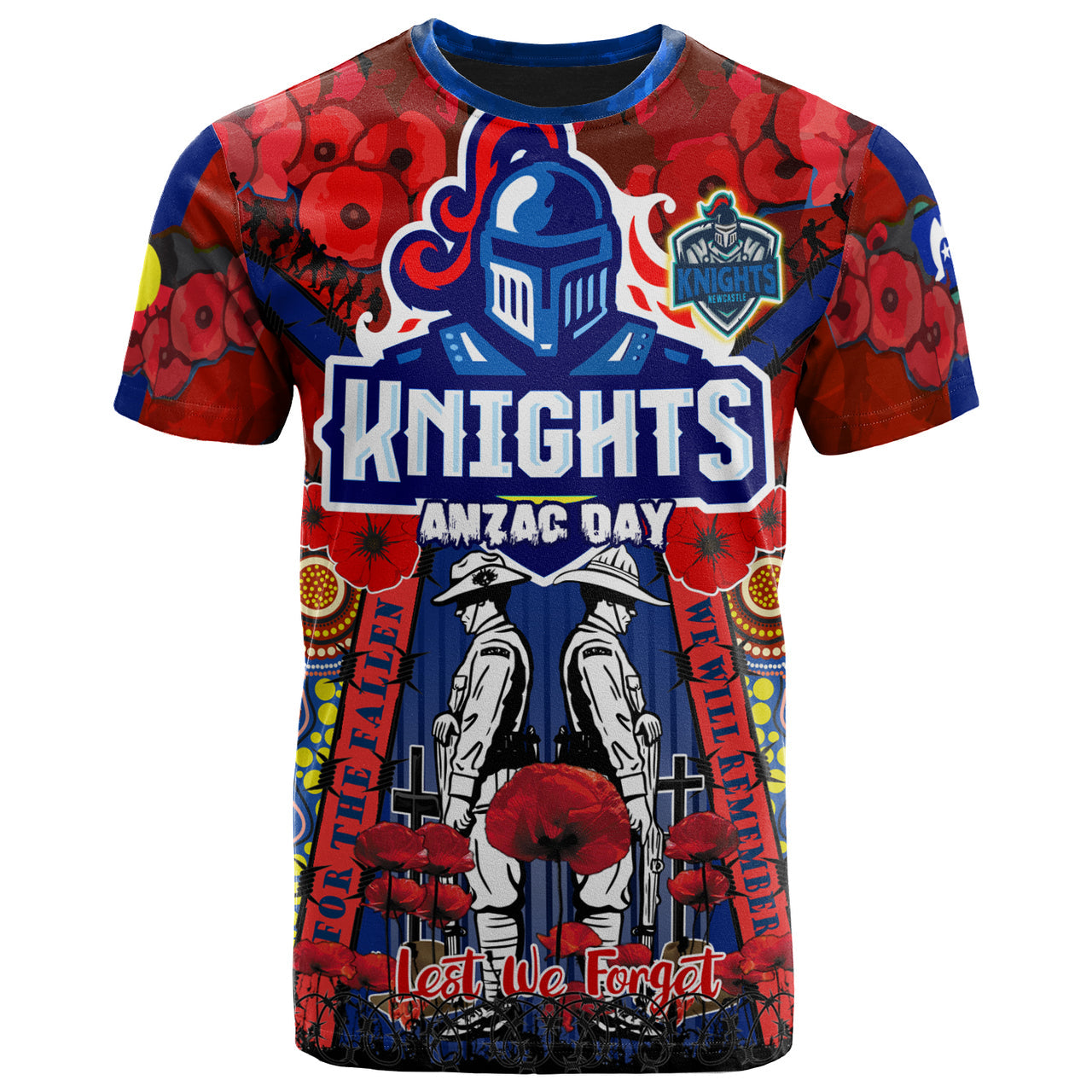 knights-rugby-anzac-custom-watercolour-t-shirt-remembrance-indigenous-newcastle-knights-with-poppy-flower-home-and-away