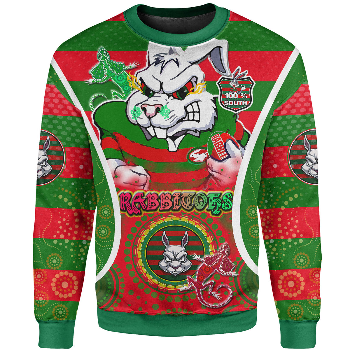 rabbitohs-rugby-sweatshirt-custom-angry-rabbitohs-100-south-personalised-player-and-number-aboriginal-pride-sweatshirt
