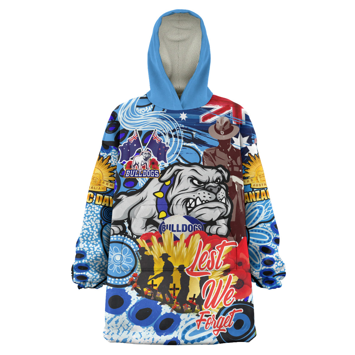 bulldogs-rugby-australia-and-nz-anzac-day-snug-hoodie-lest-we-forget-bulldogs-with-rugby-ball-and-aboriginal-patterns-oodie-blanket