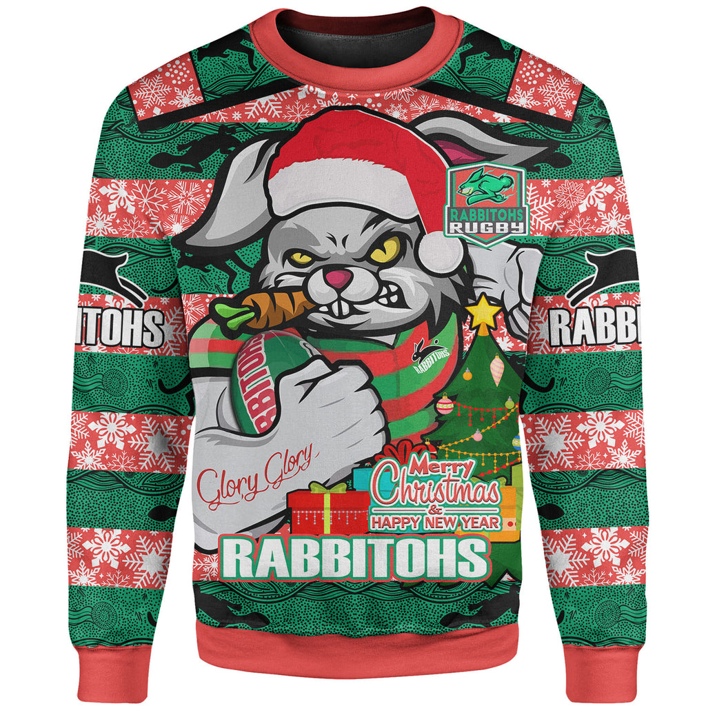 rabbitohs-christmas-rugby-sweatshirt-merry-christmas-super-rabbitohs-with-rugby-ball-and-aboriginal-patterns-custom-sweatshirt