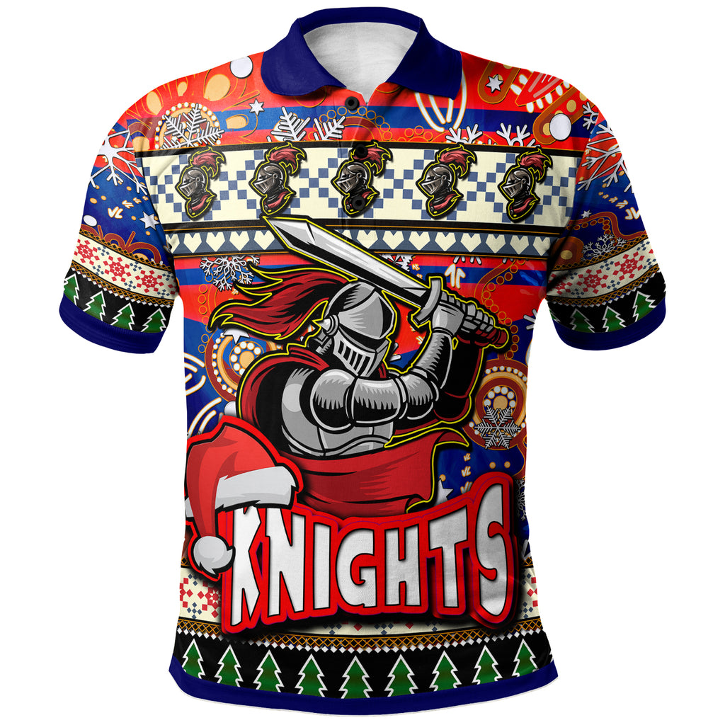 knights-rugby-christmas-polo-shirt-custom-xmas-knights-christmas-balls-snowflake-with-aboriginal-patterns-polo-shirt