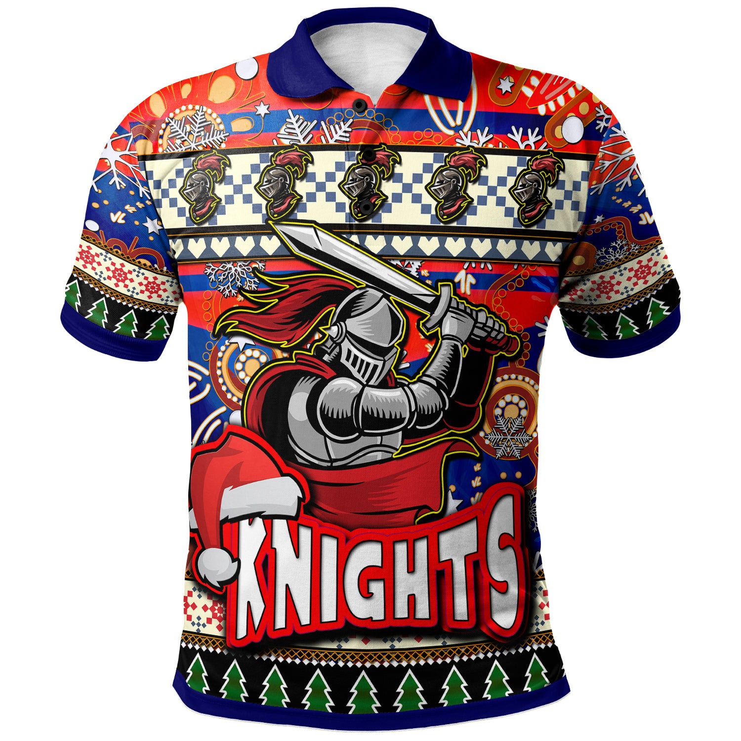 knights-rugby-christmas-polo-shirt-custom-xmas-knights-christmas-balls-snowflake-with-aboriginal-patterns-polo-shirt