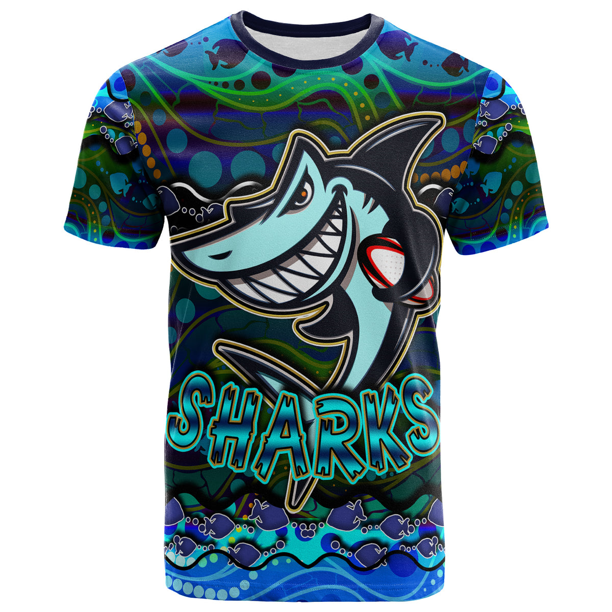 sharks-rugby-t-shirt-custom-sharks-rugby-with-fish-aboriginal-style-personalised-player-and-number-t-shirt
