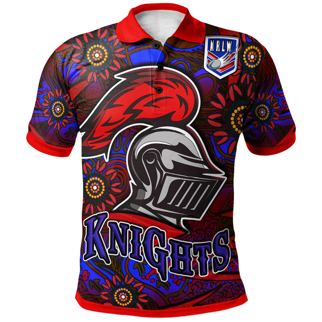 nrlw-knights-rugby-polo-shirt-custom-knights-womens-rugby-league-aboriginal-style-player-and-number-woman-polo-shirt