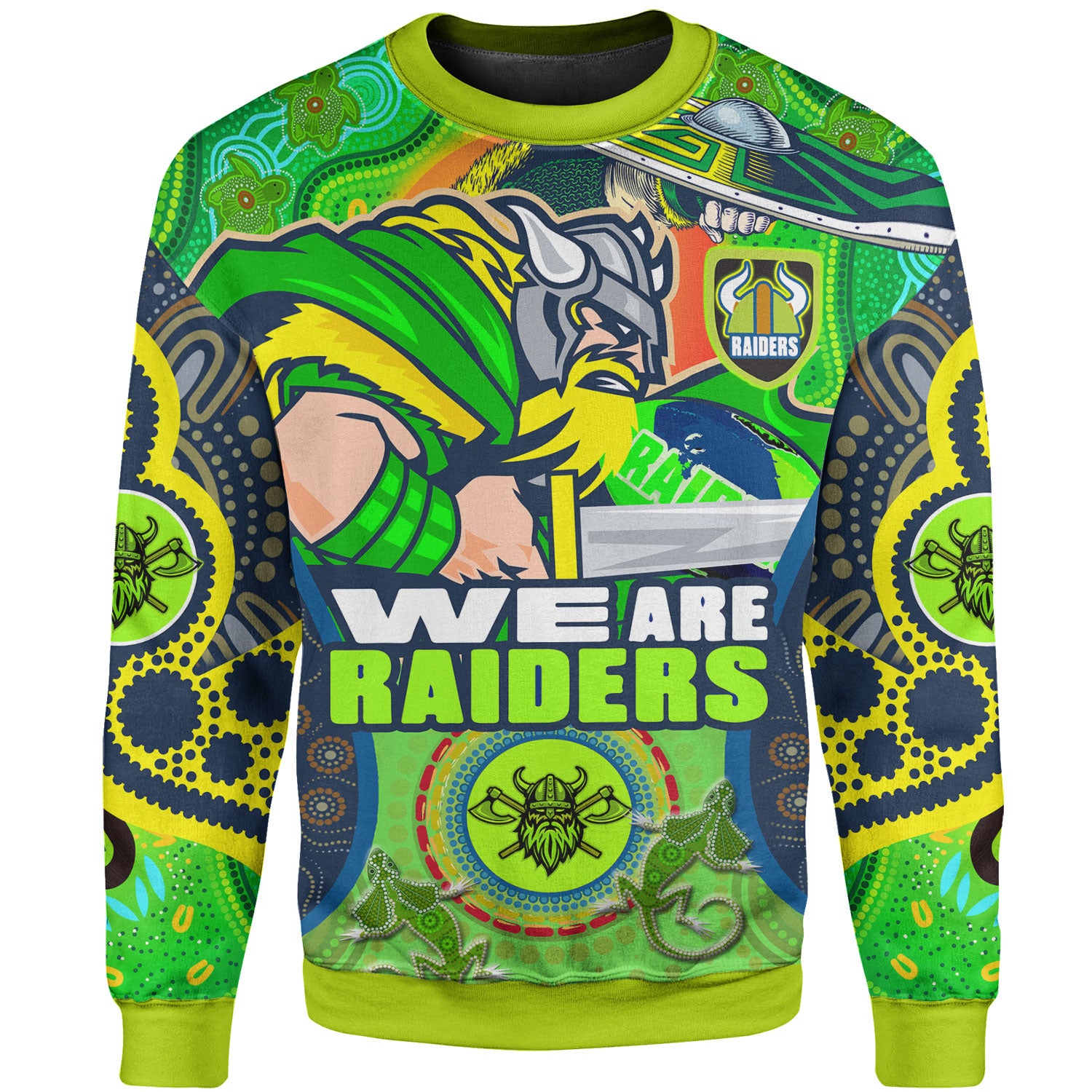 raiders-rugby-sweatshirt-custom-we-are-raiders-mascot-with-aboriginal-art-sweatshirt