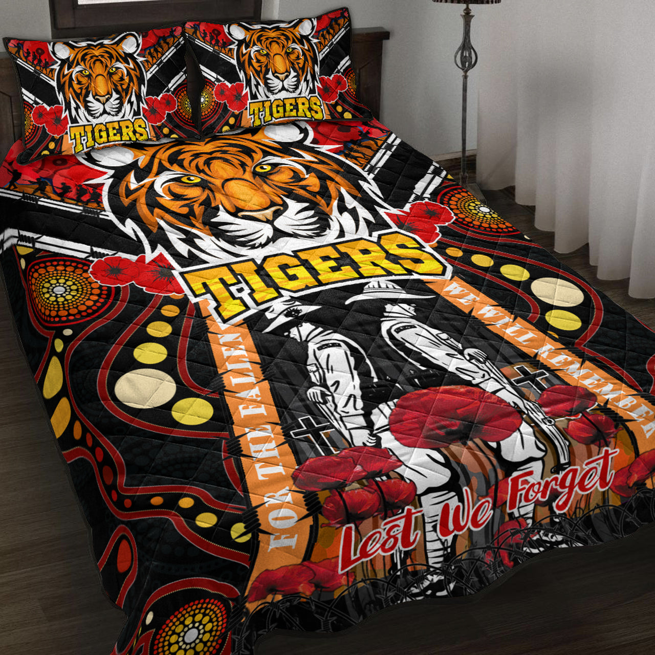 tigers-rugby-anzac-day-watercolour-quilt-bed-set-custom-remembrance-west-tigers-with-poppy-flower