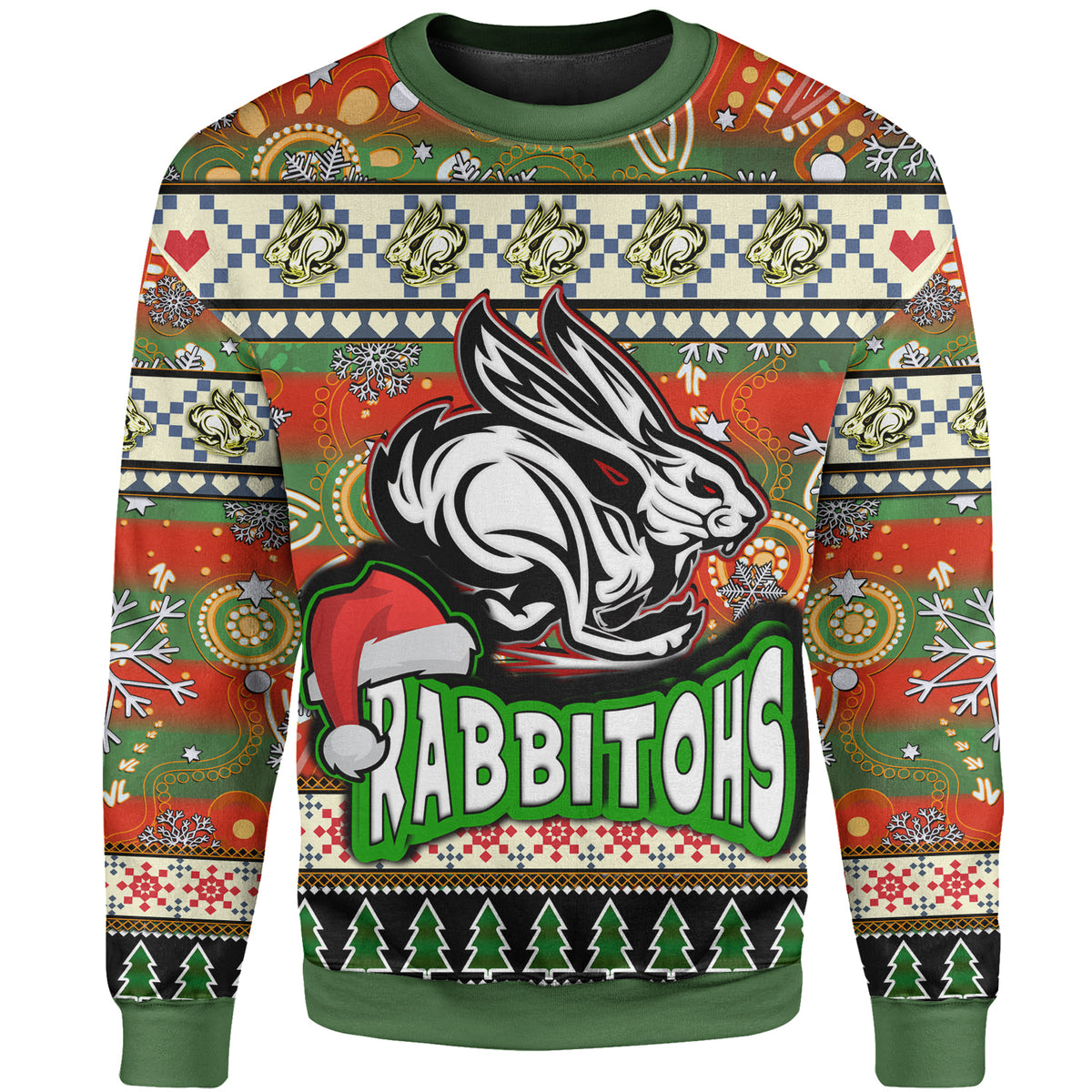 rabbitohs-rugby-christmas-sweatshirt-custom-xmas-rabbitohs-christmas-balls-snowflake-with-aboriginal-patterns-sweatshirt
