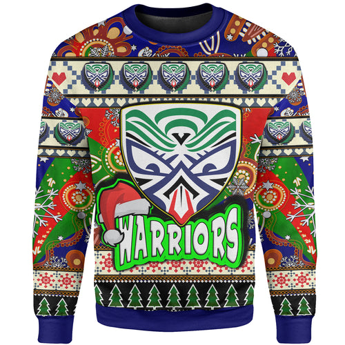 warriors-rugby-christmas-sweatshirt-custom-xmas-warriors-christmas-balls-snowflake-with-aboriginal-patterns-sweatshirt
