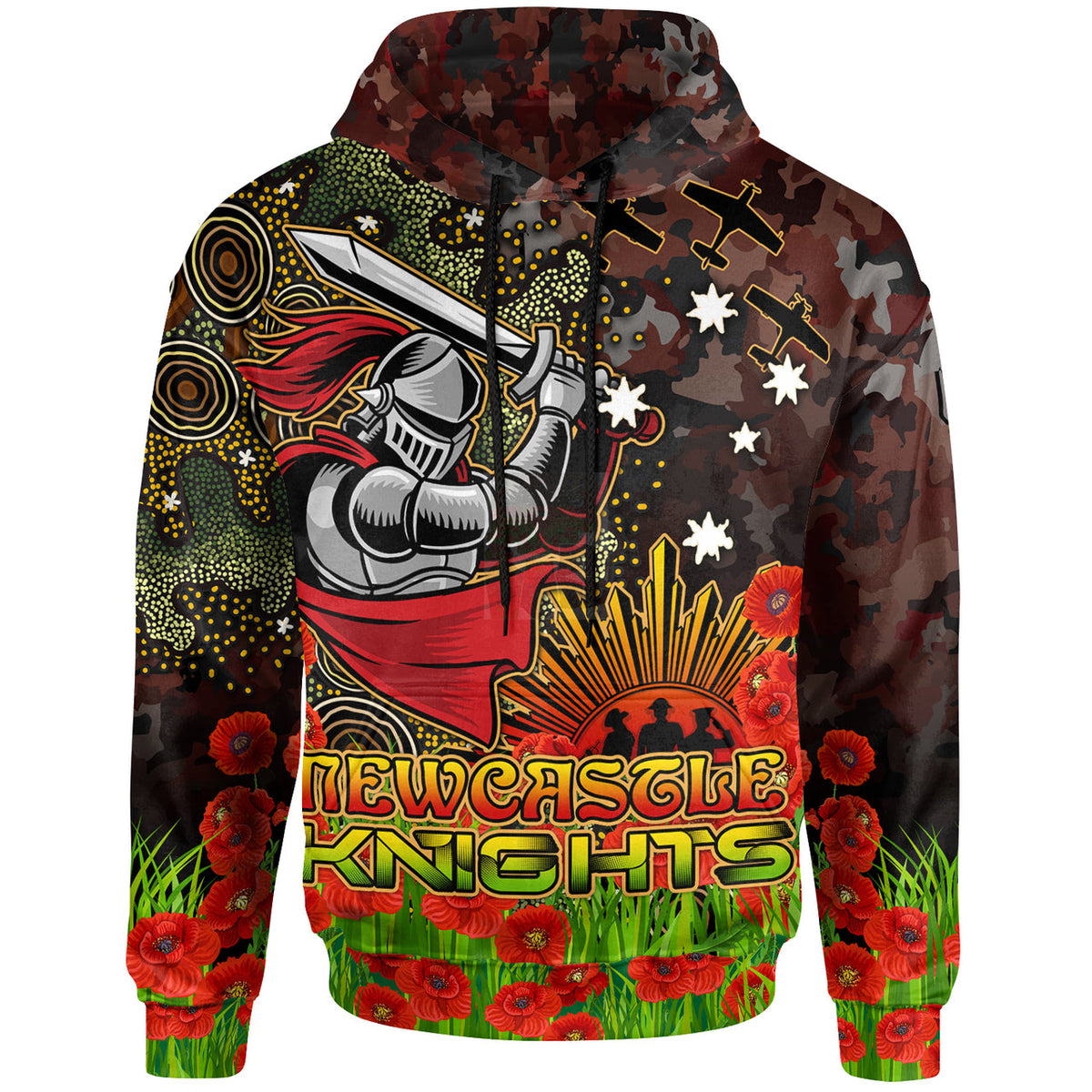 knights-rugby-hoodie-custom-anzac-kinghts-with-remembrance-poppy-and-indigenous-patterns-hoodie