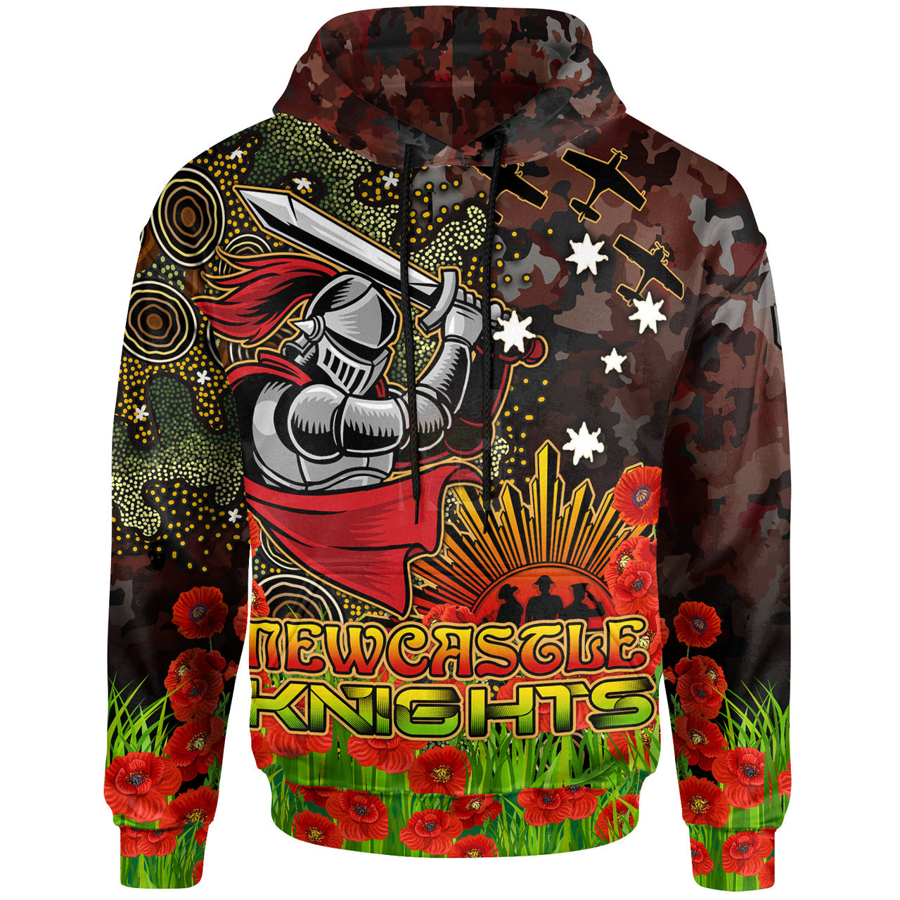 knights-rugby-hoodie-custom-anzac-kinghts-with-remembrance-poppy-and-indigenous-patterns-hoodie