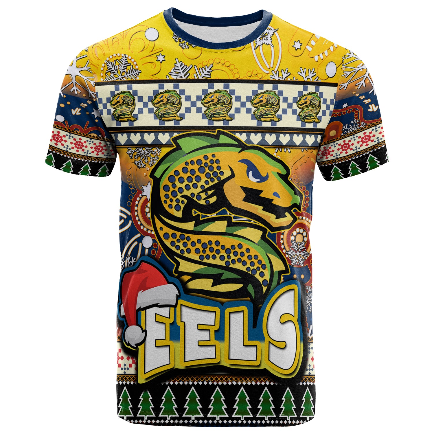 eels-rugby-christmas-t-shirt-custom-xmas-eels-christmas-balls-snowflake-with-aboriginal-patterns-t-shirt