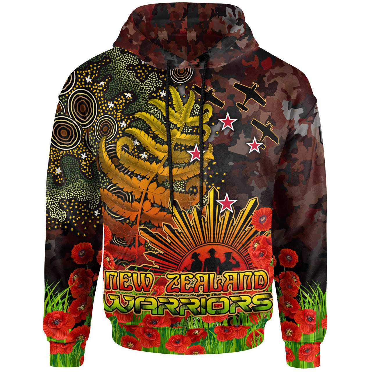 Warriors Rugby Hoodie - Custom Anzac Warriors with Remembrance Poppy and Indigenous Patterns Hoodie RLT13