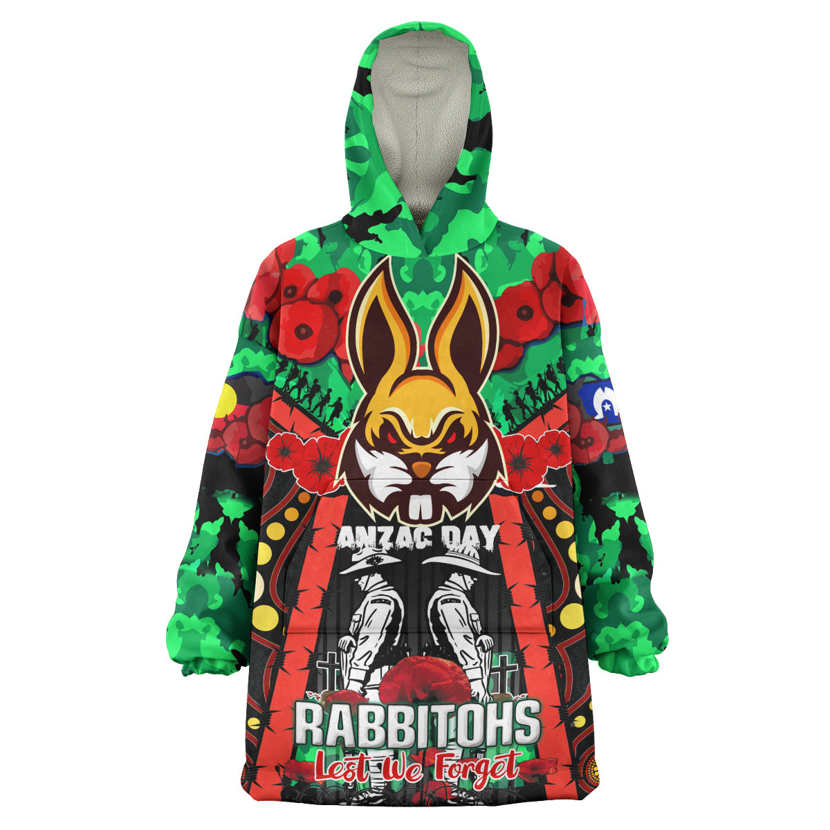 rabbitohs-rugby-anzac-day-watercolour-snug-hoodie-remembrance-indigenous-rabbitohs-with-poppy-flower-oodie-blanket