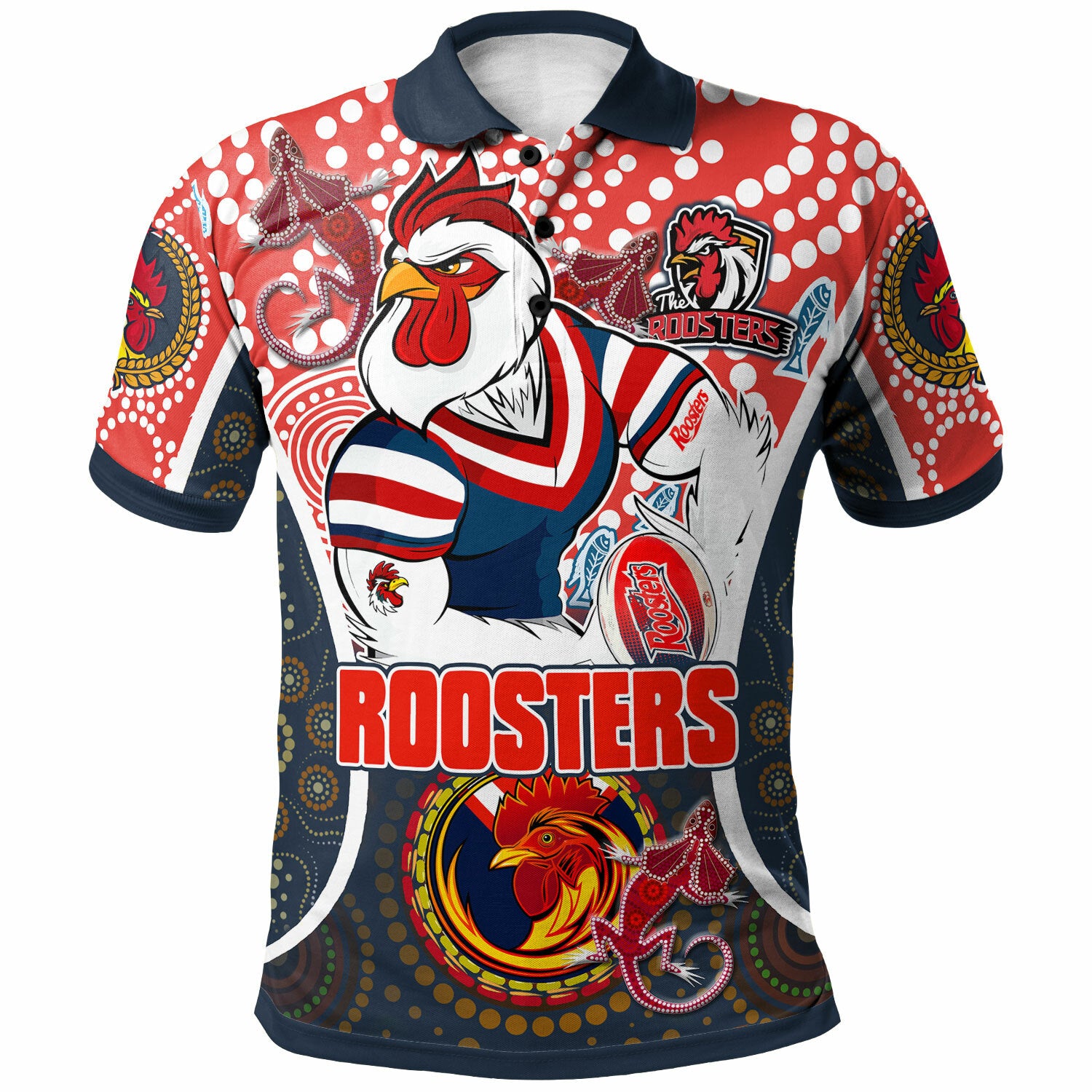 roosters-rugby-polo-shirt-custom-sydney-roosters-champion-mascot-with-aboriginal-art-personalised-player-and-number-polo-shirt
