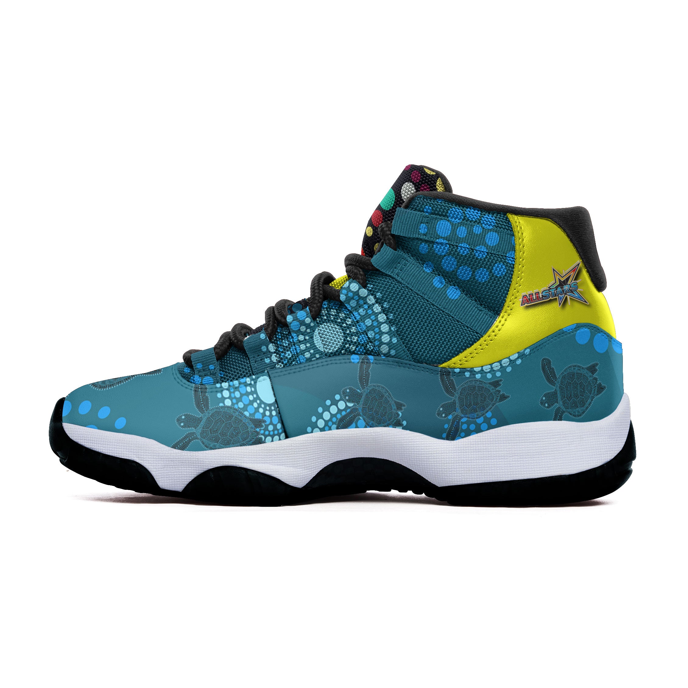 indigenous-all-stars-rugby-high-top-basketball-shoes-j11-custom-dreamtime-turtle-with-aboriginal-dot-painting-art-sneakers-j11