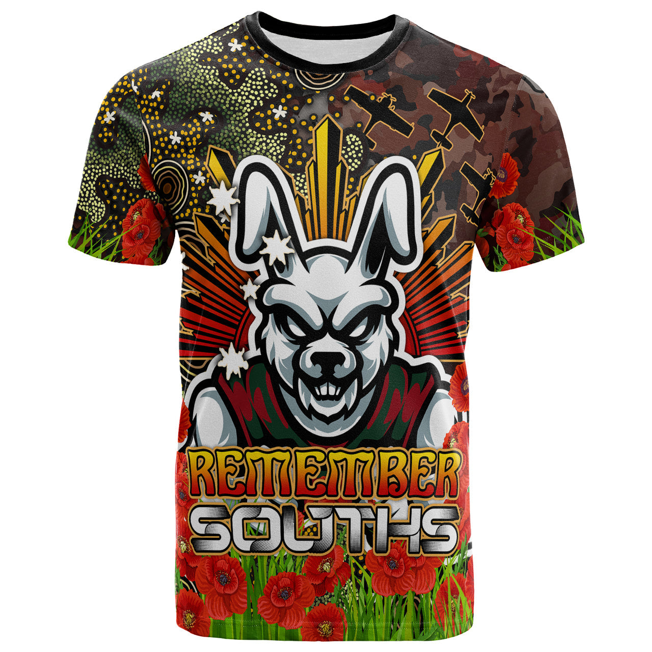 rabbitohs-rugby-t-shirt-anzac-souths-with-remembrance-poppy-and-indigenous-patterns-t-shirt