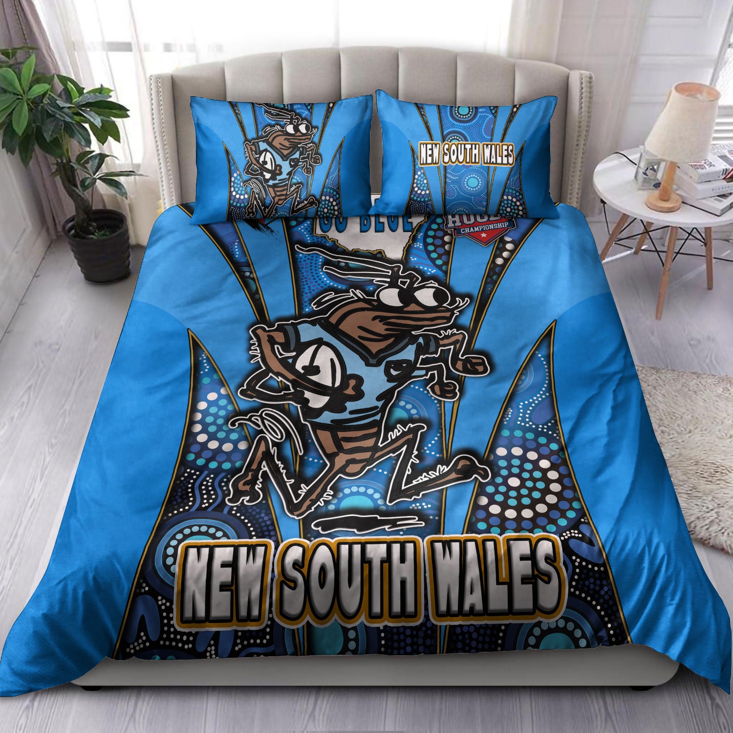 new-south-wales-rugby-league-team-bedding-set-new-south-wales-blues-mascot-with-aboriginal-art-state-of-origin-bedding-set