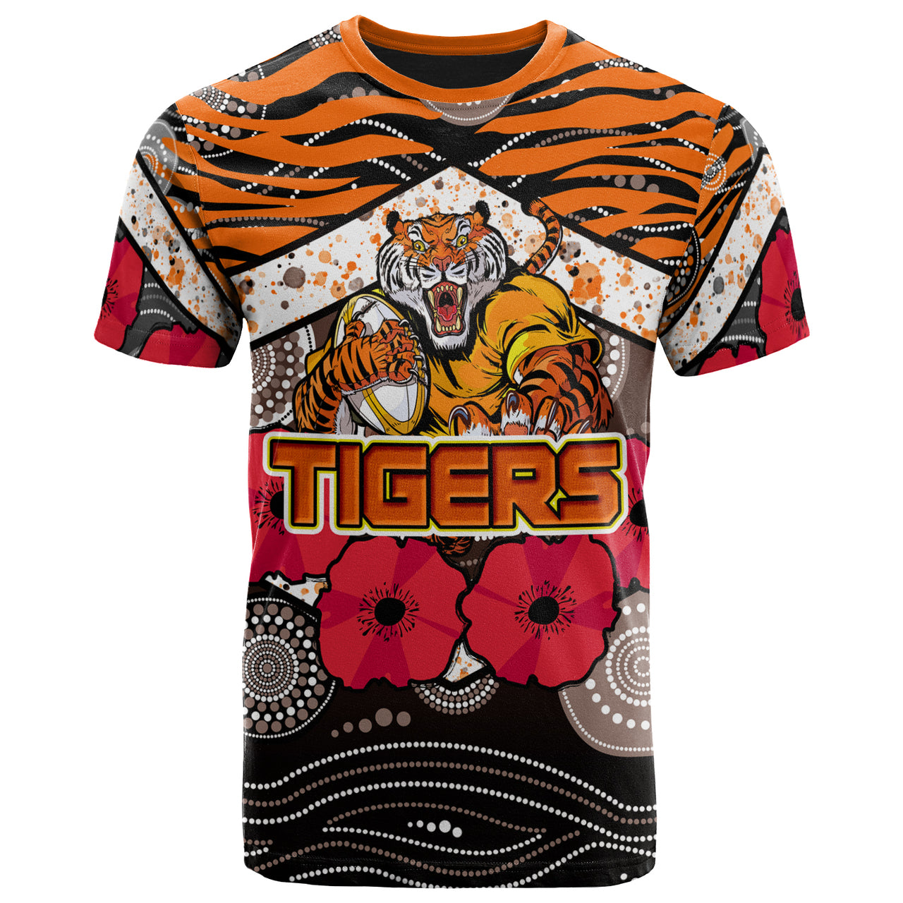 tigers-rugby-t-shirt-aboriginal-aboriginal-tiger-skin-texture-anzac-day-tiger-with-poppy-t-shirt