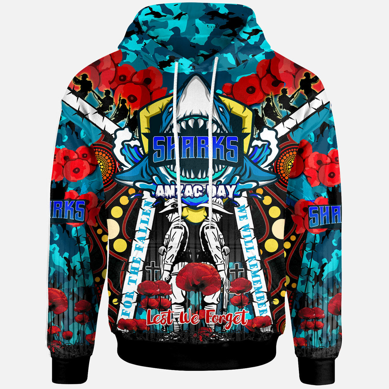 sharks-rugby-anzac-day-watercolour-custom-hoodie-remembrance-cronulla-sutherland-sharks-with-poppy-flower