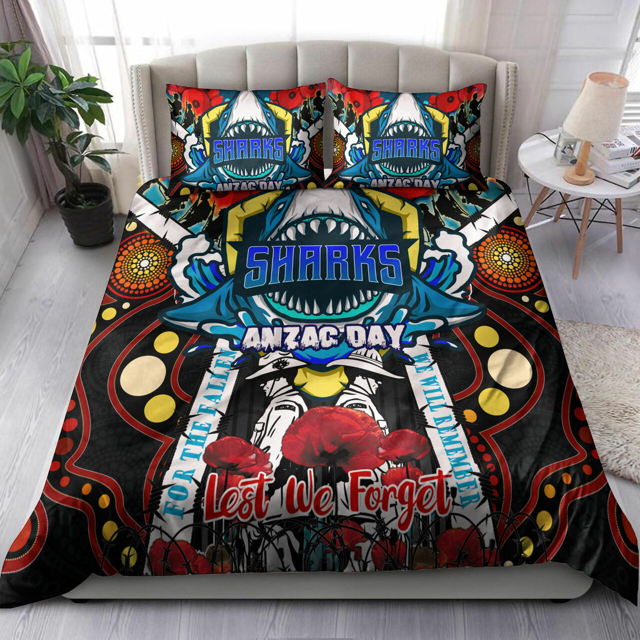 sharks-rugby-anzac-day-watercolour-custom-bedding-set-remembrance-cronulla-sutherland-sharks-with-poppy-flower