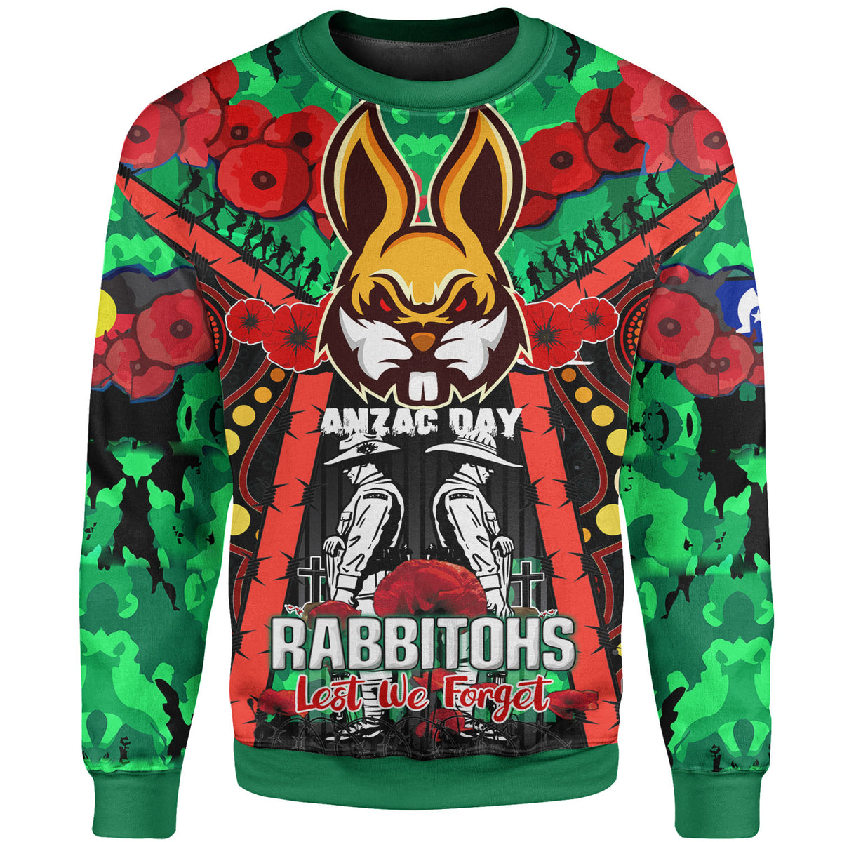 rabbitohs-rugby-anzac-day-sweatshirt-custom-watercolour-remembrance-indigenous-rabbitohs-with-poppy-flower-sweatshirt