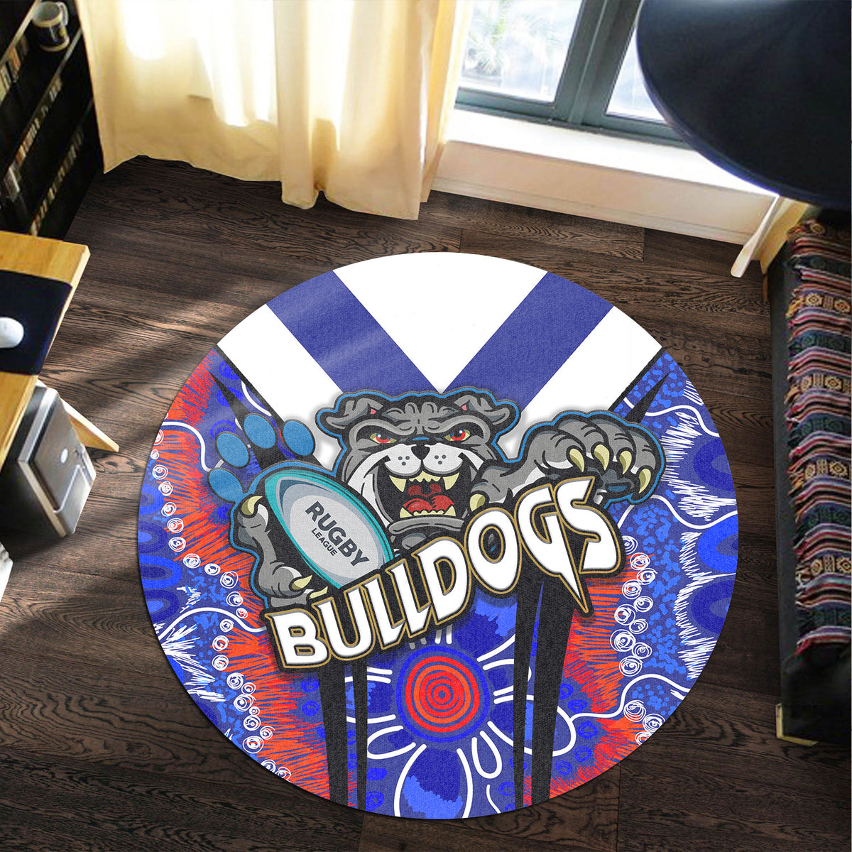 bulldogs-rugby-round-rug-bulldogs-rugby-ball-with-contemporary-style-of-aboriginal-painting-round-rug