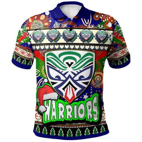 warriors-rugby-christmas-polo-shirt-custom-xmas-warriors-christmas-balls-snowflake-with-aboriginal-patterns-polo-shirt