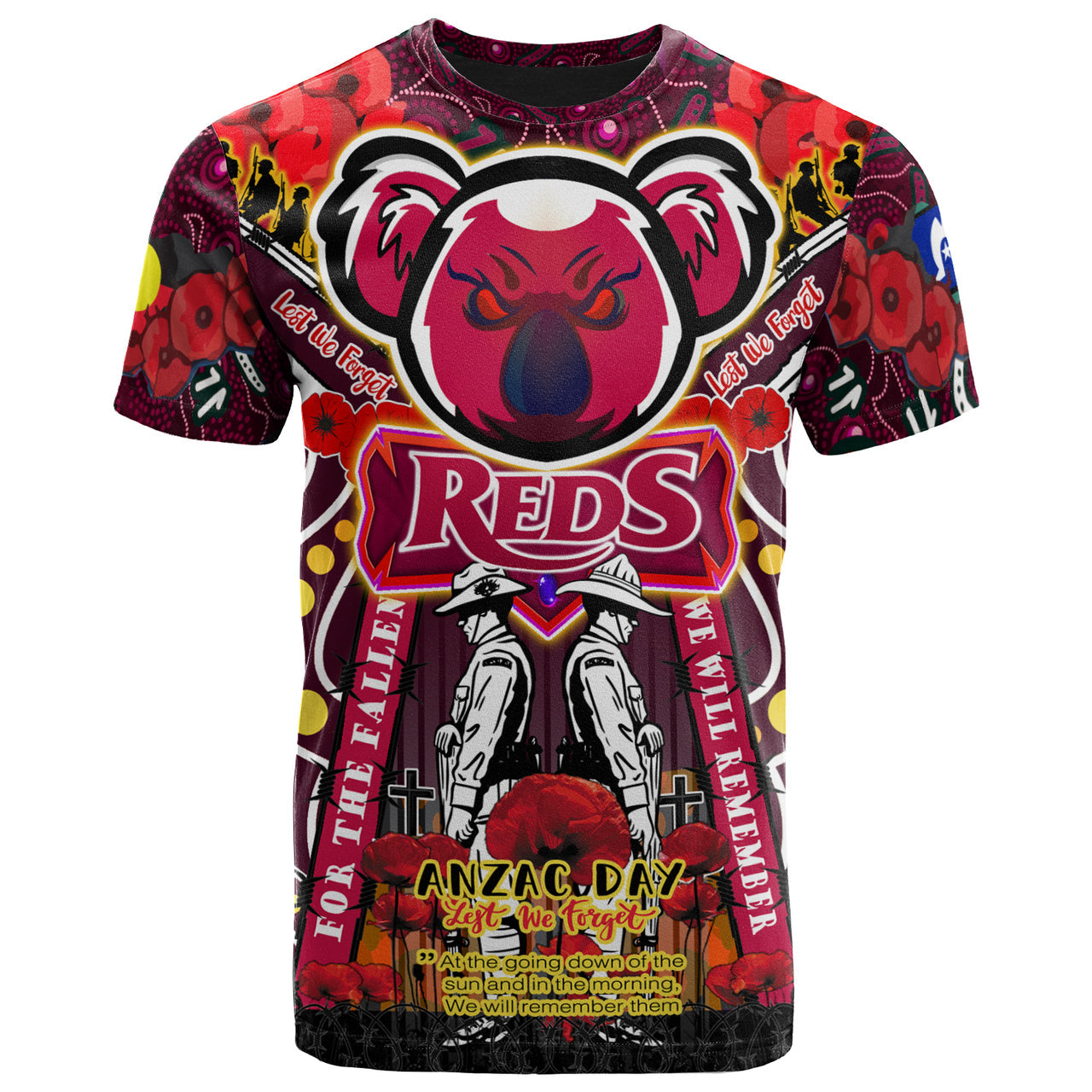 reds-rugby-anzac-aboriginal-custom-watercolour-t-shirt-remembrance-queensland-reds-with-koala-and-poppy-flower