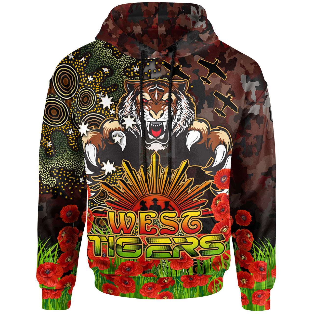 tigers-rugby-hoodie-custom-anzac-tigers-with-remembrance-poppy-and-indigenous-patterns-hoodie-1