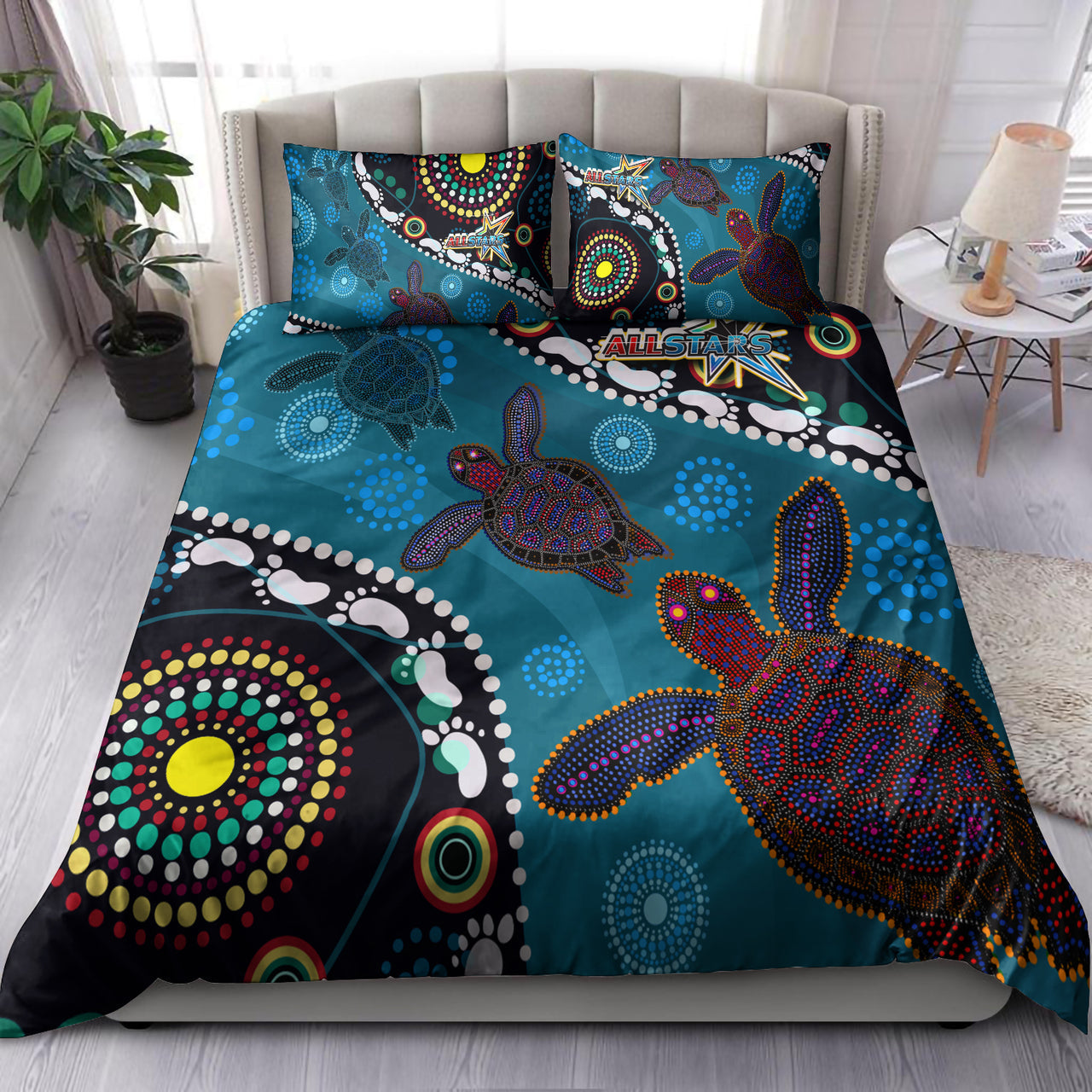 indigenous-all-stars-rugby-custom-bedding-set-dreamtime-turtle-with-aboriginal-and-torres-strait-islanders-flag