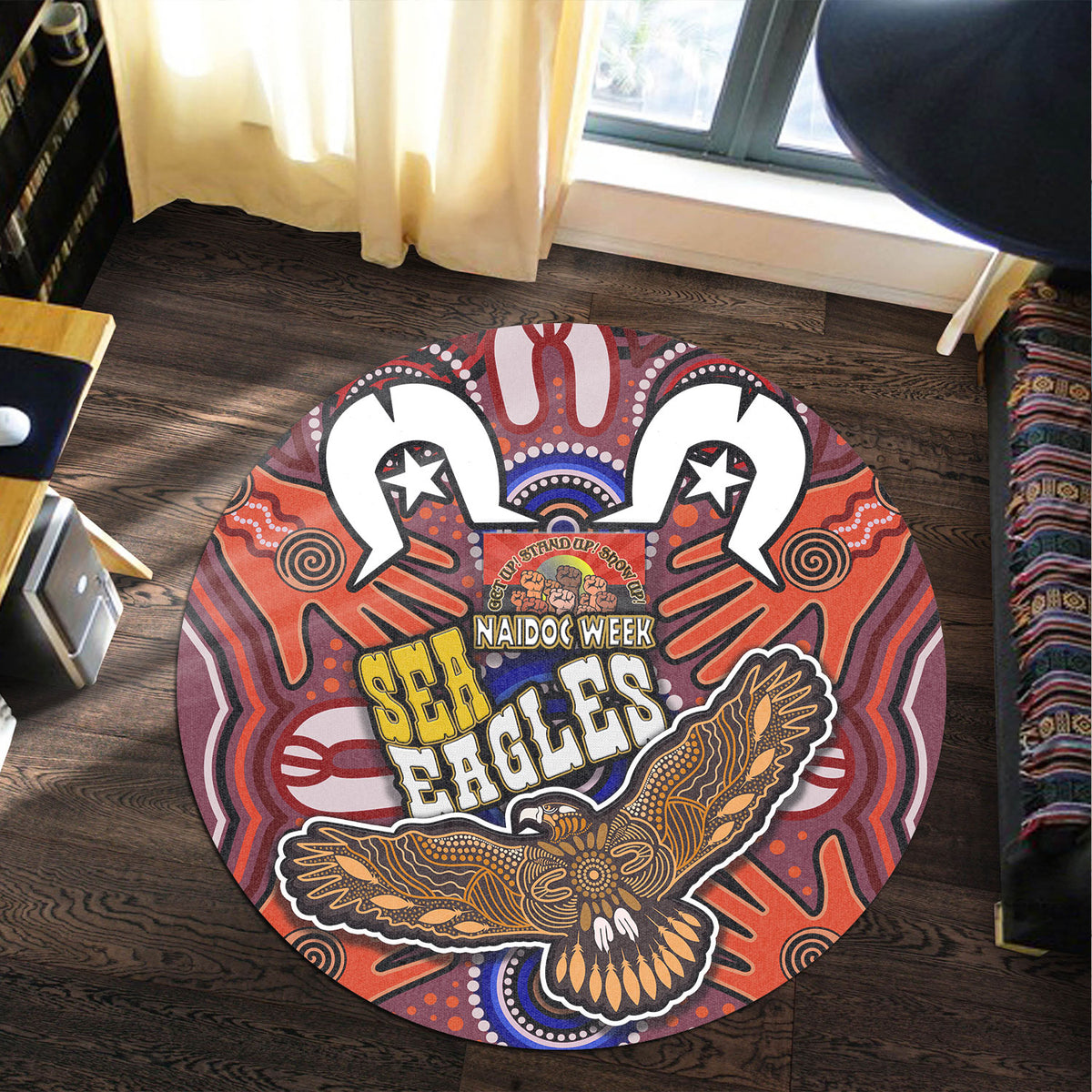 sea-eagles-rugby-round-rug-naidoc-week-eagle-aboriginal-dot-artwork-get-up-stand-up-show-up-aboriginal-culture-round-rug