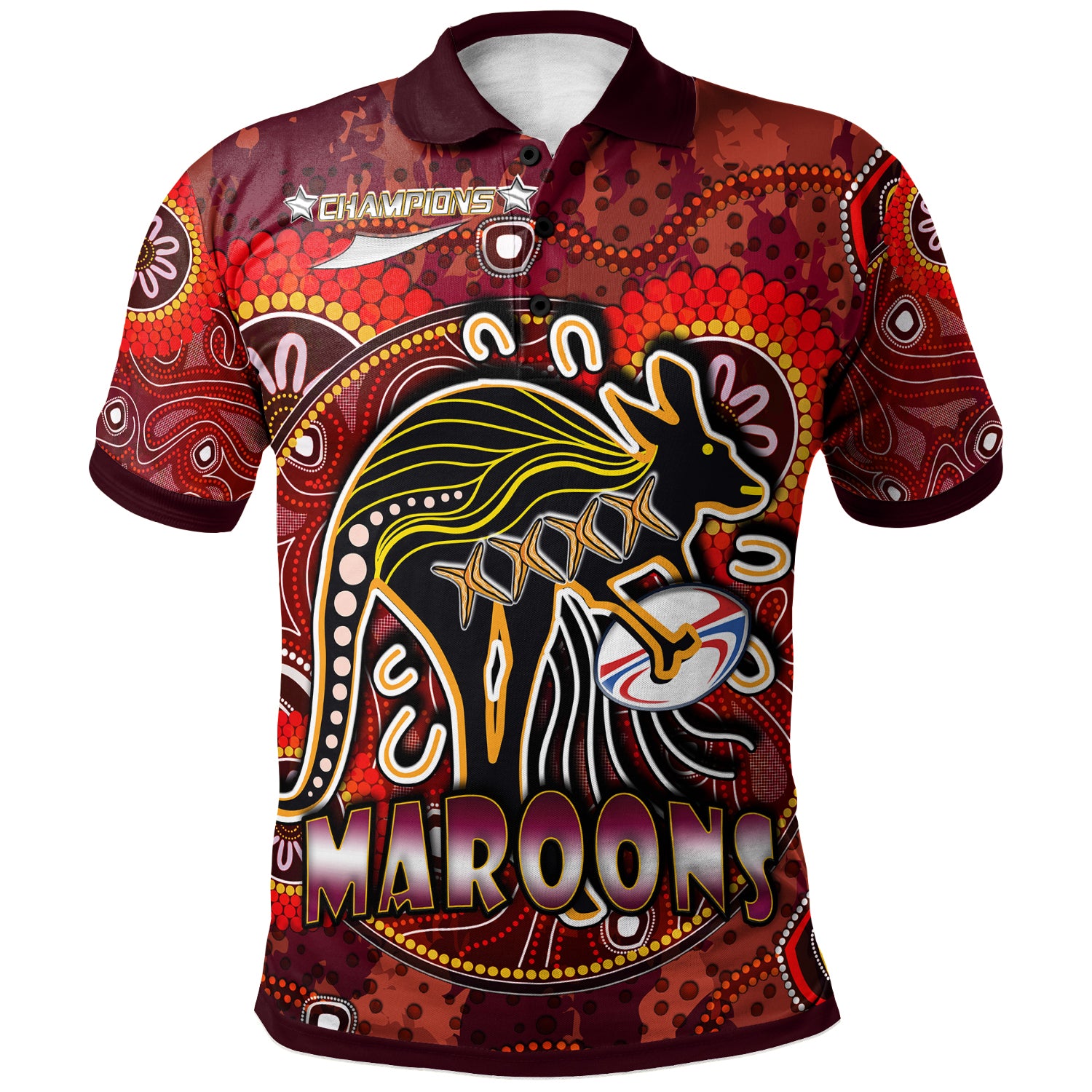 maroons-rugby-polo-shirt-custom-maroons-kangaroo-with-aboriginal-style-of-dot-painting-personalised-player-and-number-polo-shirt