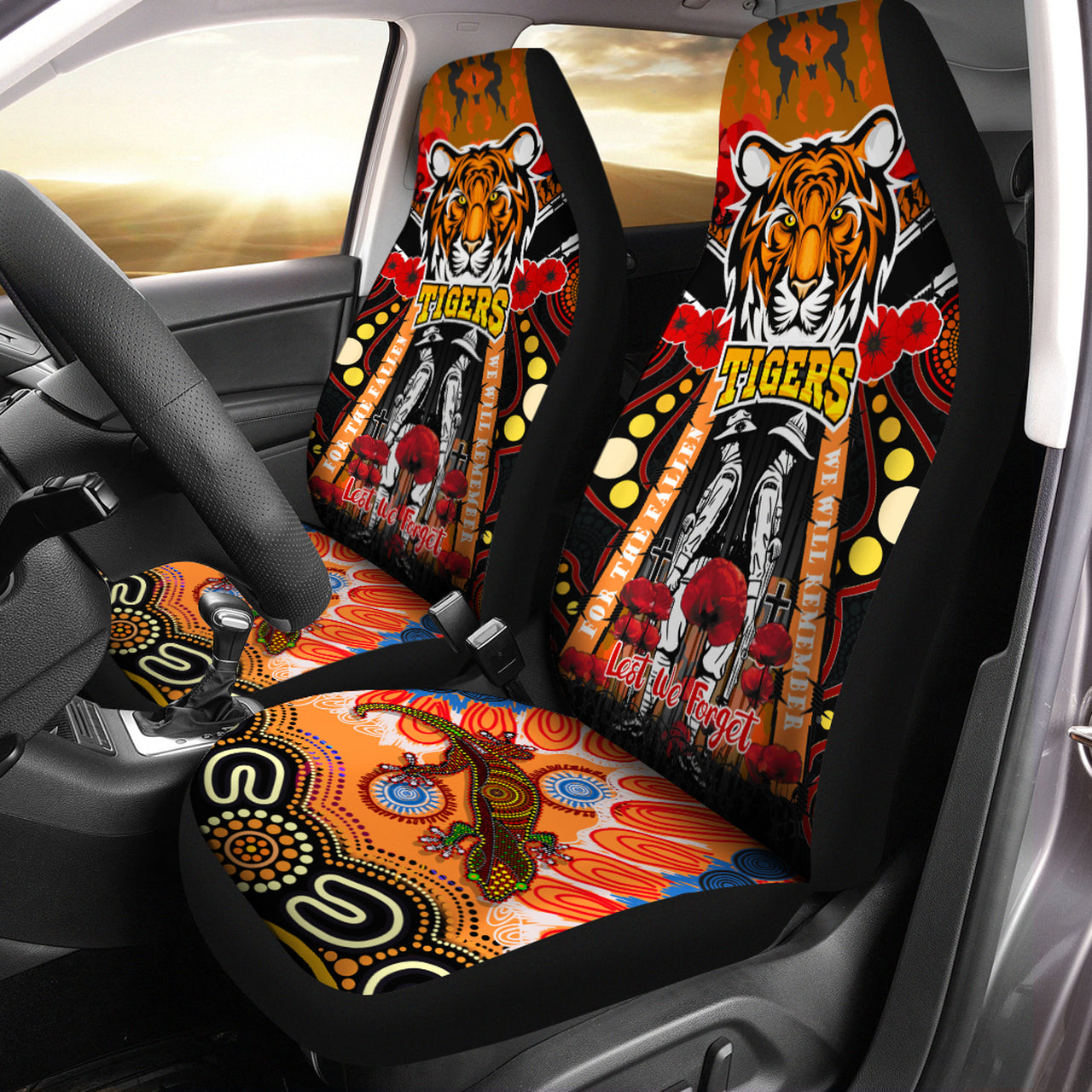 tigers-rugby-anzac-day-watercolour-car-seat-cover-custom-remembrance-west-tigers-with-poppy-flower