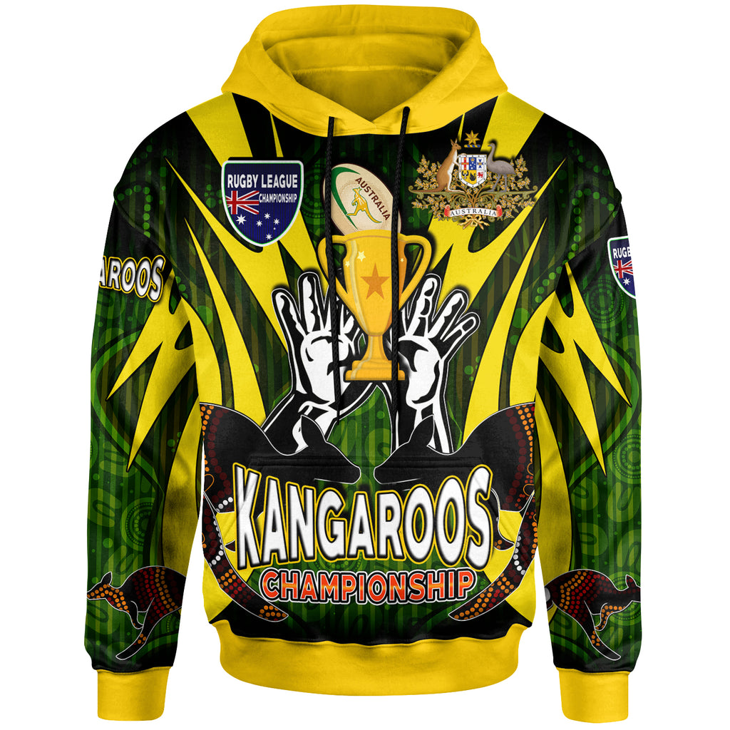 kangaroos-rugby-hoodie-custom-kangaroo-rugby-league-coat-of-arms-aboriginal-culture-personalised-player-and-number-hoodie