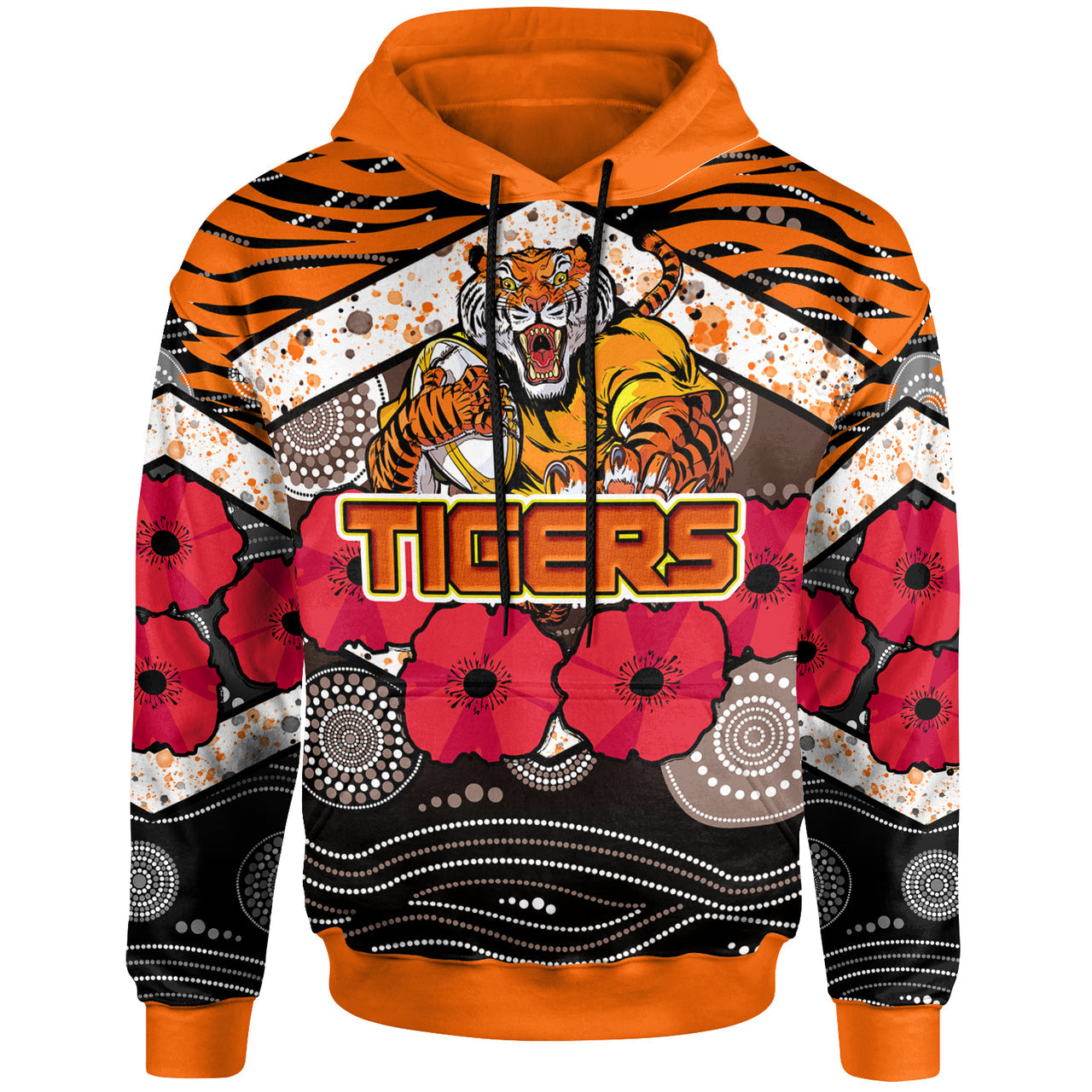 tigers-rugby-hoodie-aboriginal-tiger-skin-texture-anzac-day-tiger-with-poppy-hoodie
