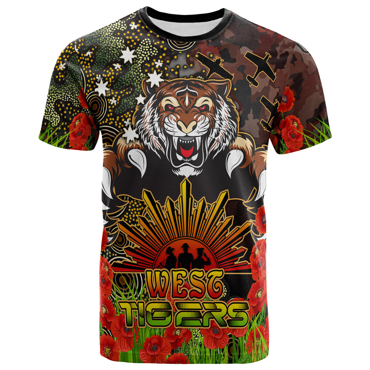 tigers-rugby-t-shirt-custom-anzac-tigers-with-remembrance-poppy-and-indigenous-patterns-t-shirt