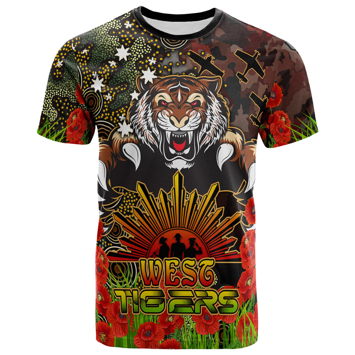 tigers-rugby-t-shirt-custom-anzac-tigers-with-remembrance-poppy-and-indigenous-patterns-t-shirt-1