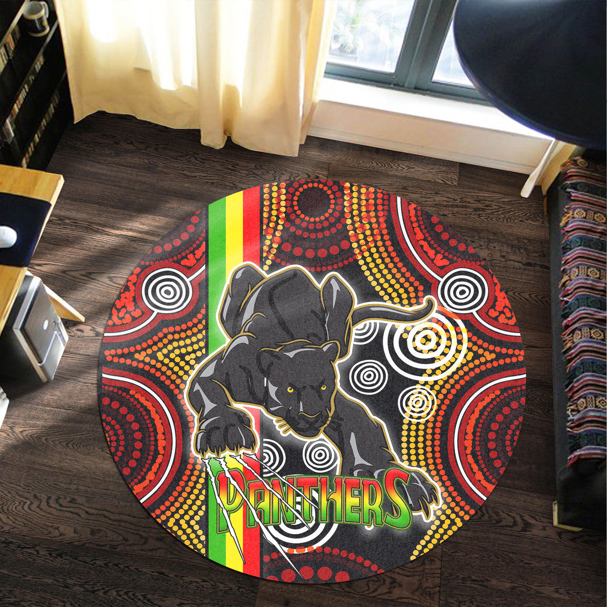 panthers-rugby-round-rug-black-panther-with-aboriginal-contemporary-dot-painting-pattern-round-rug