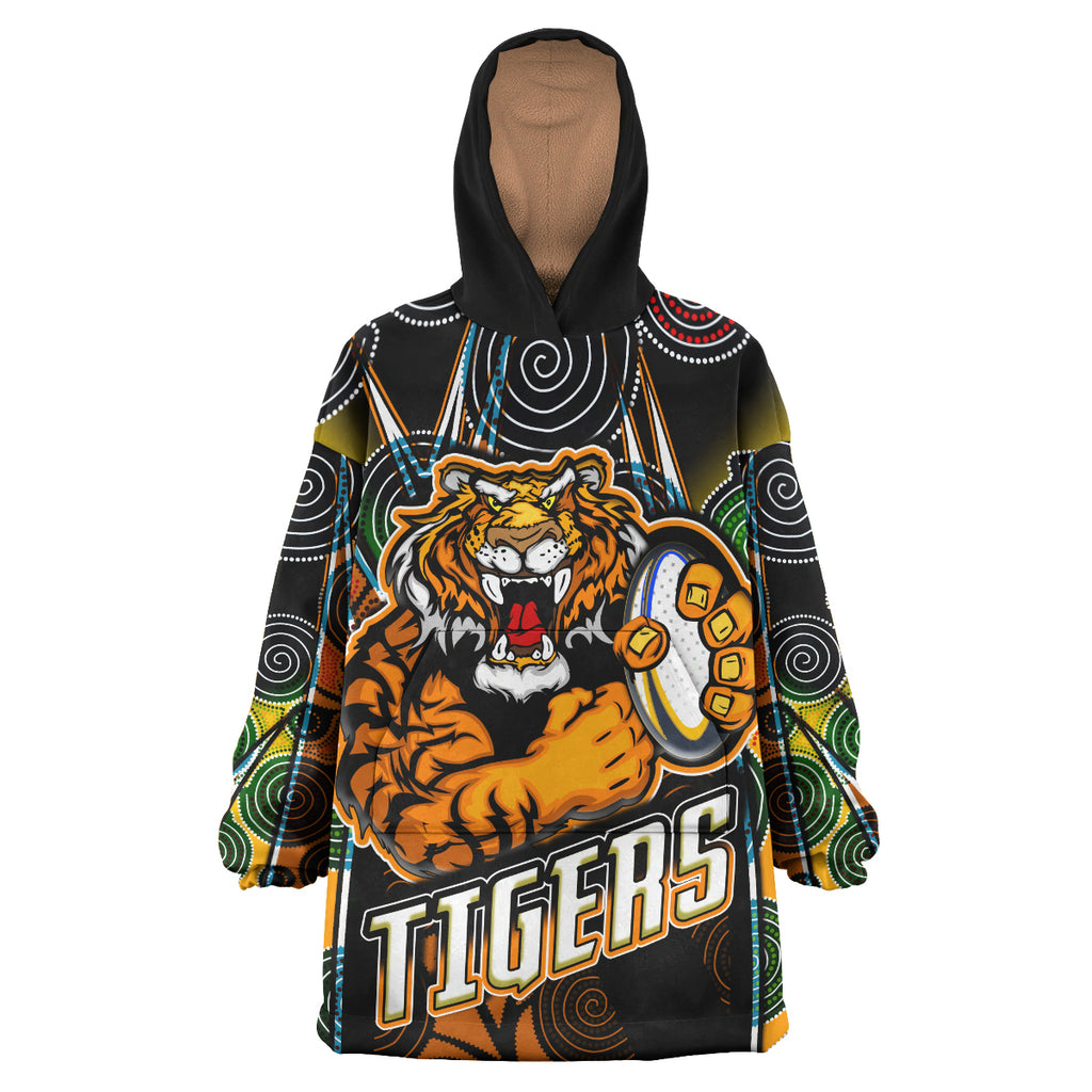tigers-rugby-snug-hoodie-custom-tiger-rugby-ball-aboriginal-art-vector-painting-personalised-player-and-number-oodie-blanket