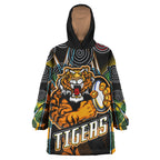 tigers-rugby-snug-hoodie-custom-tiger-rugby-ball-aboriginal-art-vector-painting-personalised-player-and-number-oodie-blanket