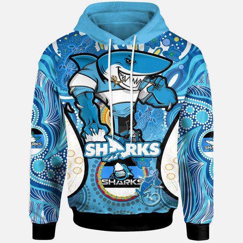 sharks-rugby-hoodie-custom-sharkies-mascot-with-aboriginal-art-personalised-player-and-number-hoodie