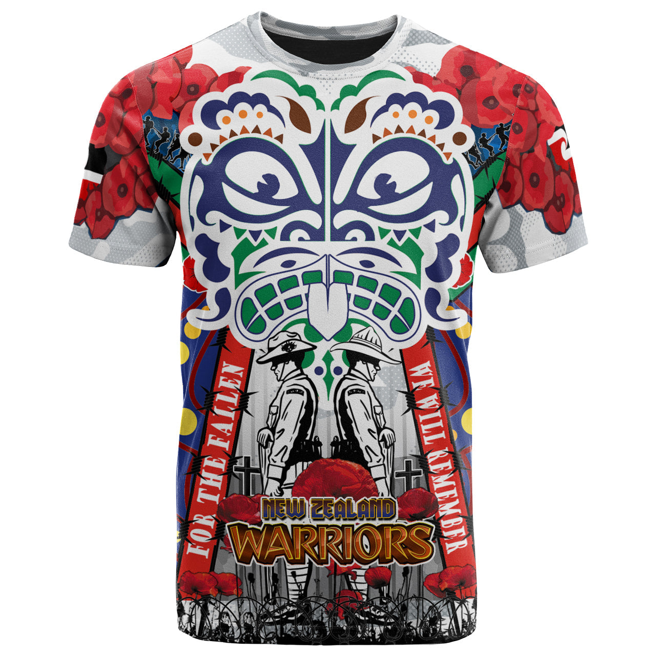 warriors-rugby-anzac-poppy-watercolor-custom-t-shirt-remembrance-new-zealand-warriors-with-maori-tino-rangatiratanga-flag