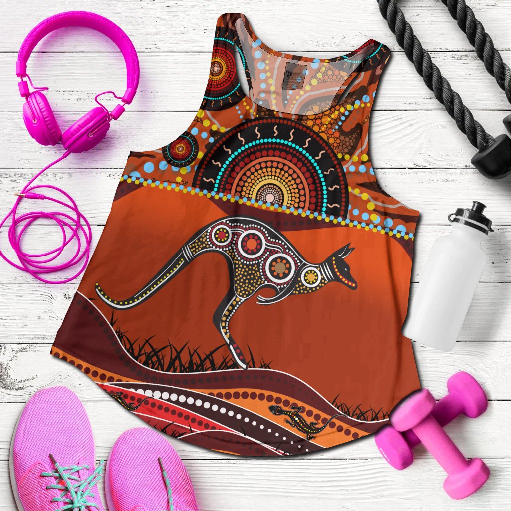 Aboriginal Women's Racerback Tank - Kangaroo With Dot Painting - Vibe Hoodie