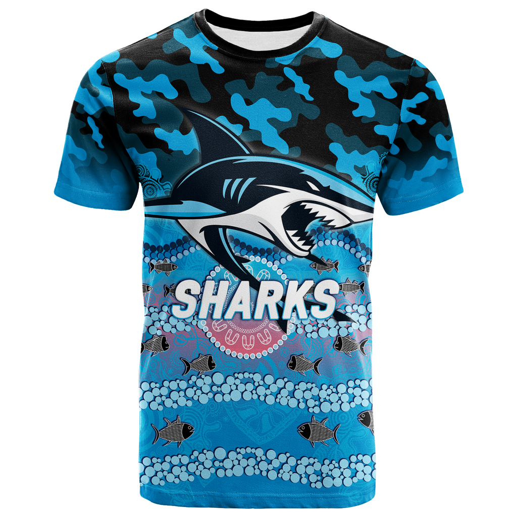 (Custom Personalised) Sharks Rugby ANZAC Day Camouflage Indigenous Art T-Shirt - LT12