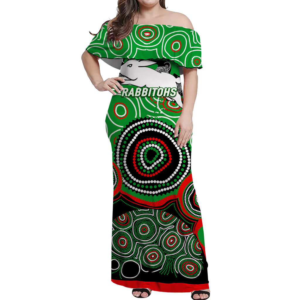 Rabbitohs Rugby Aboriginal Art Women Off Shoulder Long Dress - LT12