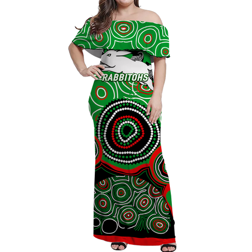 Rabbitohs Rugby Aboriginal Art Women Off Shoulder Long Dress - LT12