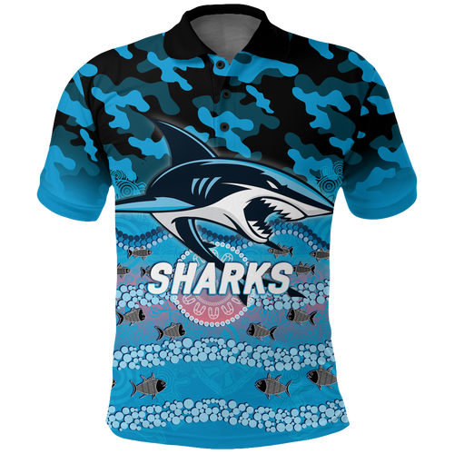(Custom Personalised) Sharks Rugby ANZAC Day Camouflage Indigenous Art Polo Shirt - LT12