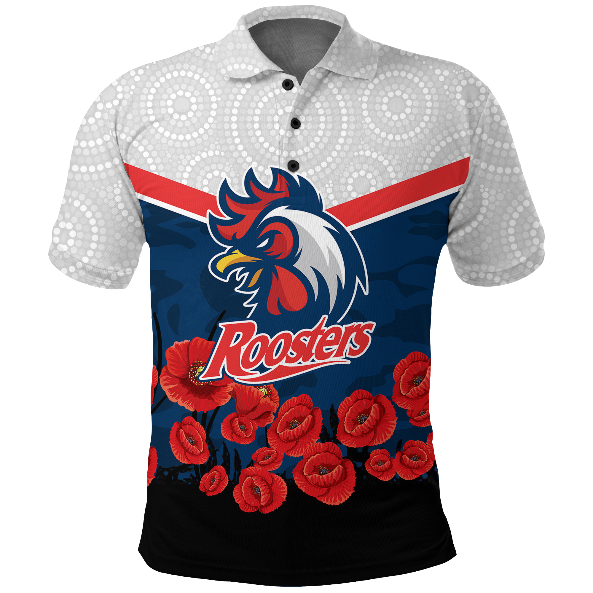 Roosters Rugby Anzac Day Polo Shirt - Indigenous Art